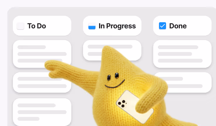 Wonderflow agency character with phone looking at a kanban board.