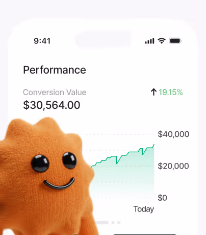 Wonderflow agency character happy about a screen showing an increase in revenue.