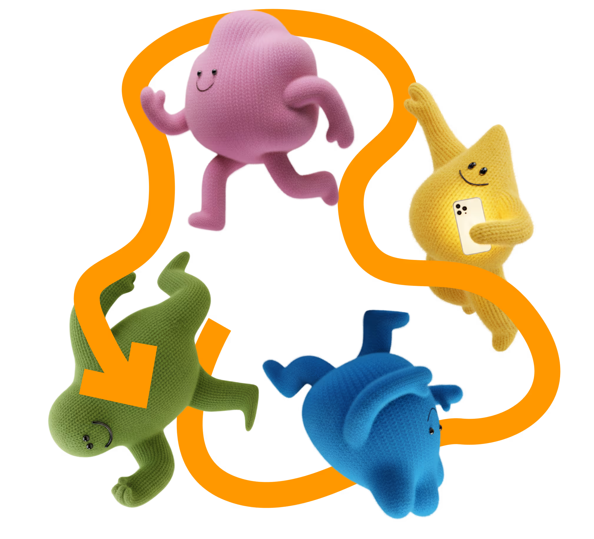 Wonderflow agency characters moving around in a flow.