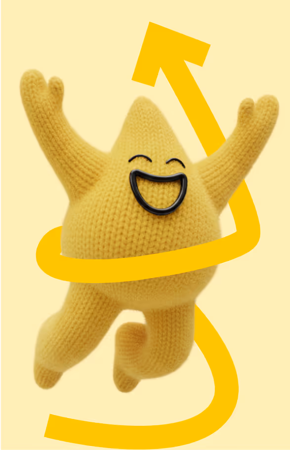 Wonderflow agency character jumping for joy with yellow arrow.