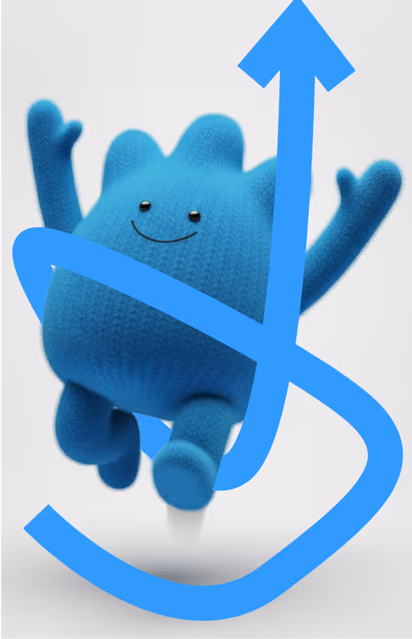 Wonderflow agency character jumping for joy with blue arrow.