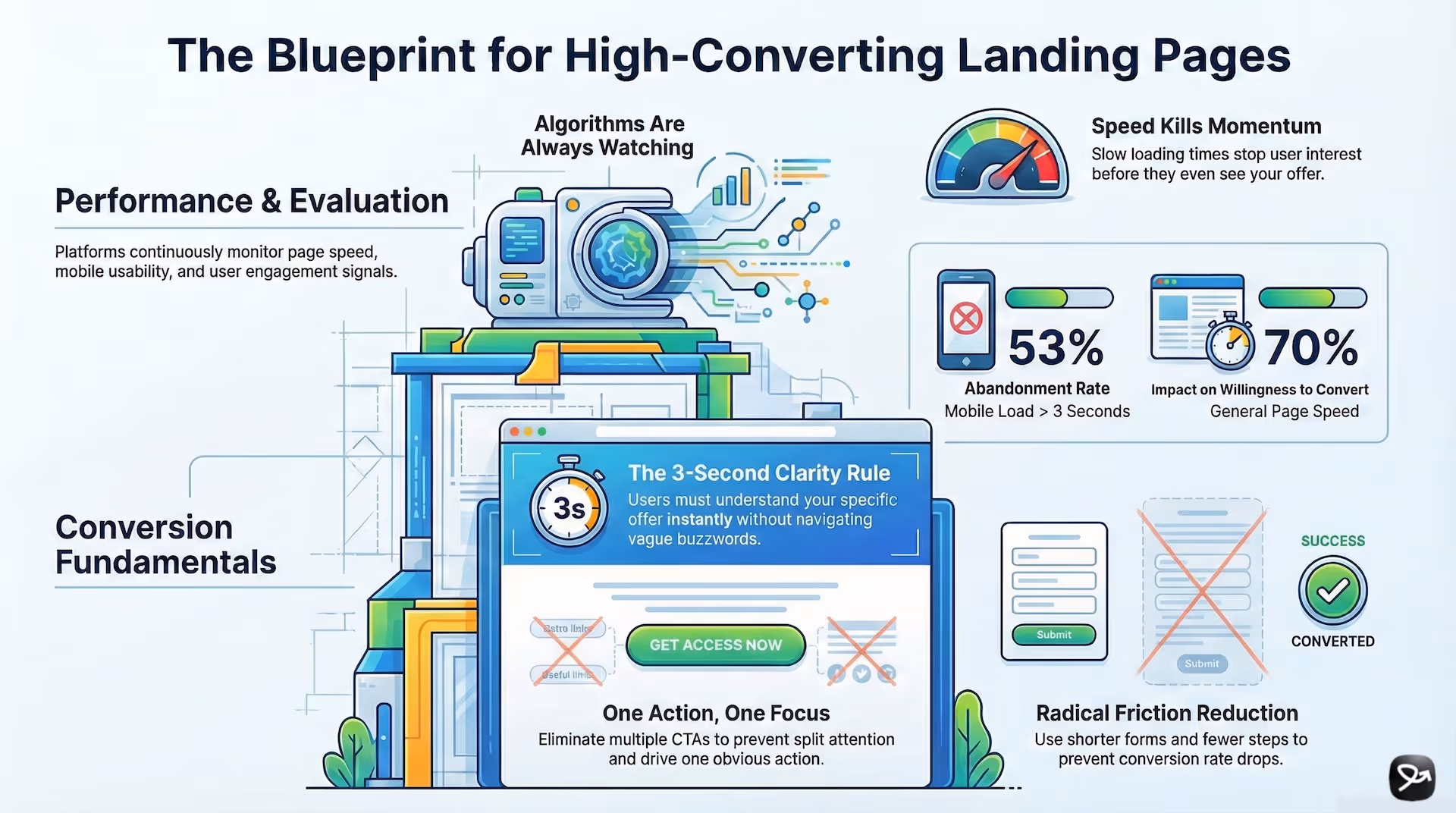 Graphic of blueprint for high-converting landing pages.