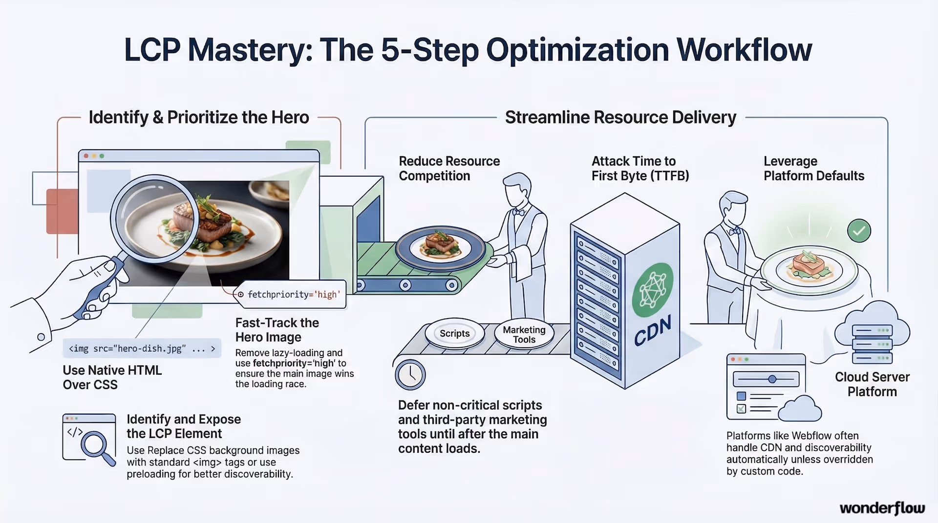 Graphic showing the workflow for optimizing LCP on your site.