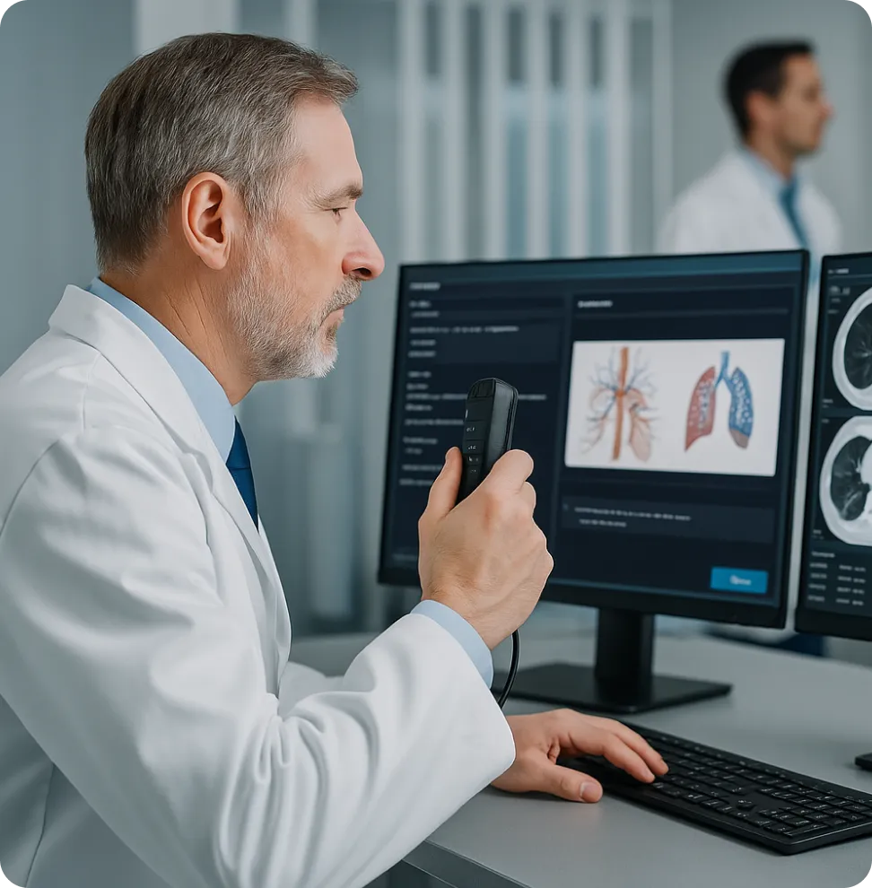 Male doctor in a white coat speaking into a microphone while reviewing lung images and scans on dual computer monitors.