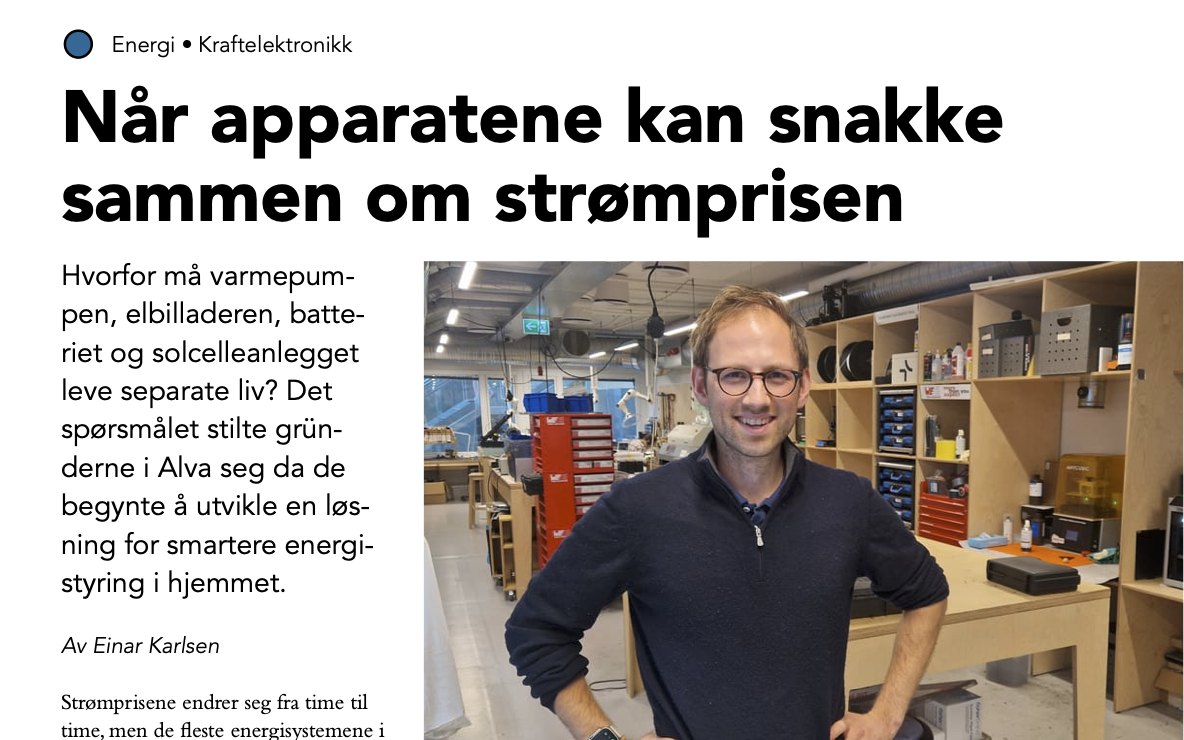 Page 22 of Elektronikk 9/2026 with the article on Alva and a photo of CEO Ola Magnus Hersvik