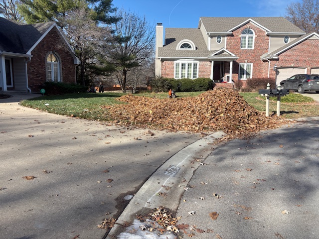 Large leaf pile at the curb in front of a residential home after leaf cleanup service by Marrs Lawn and Landscape in Grain Valley, MO.