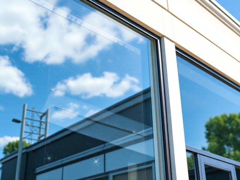 Reflection of a partly cloudy blue sky on the glass windows of a modern building.