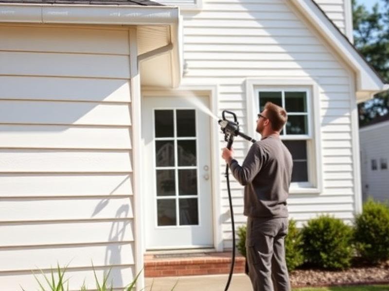 Man power washing the exterior siding of a white house near the back door on a sunny day.
