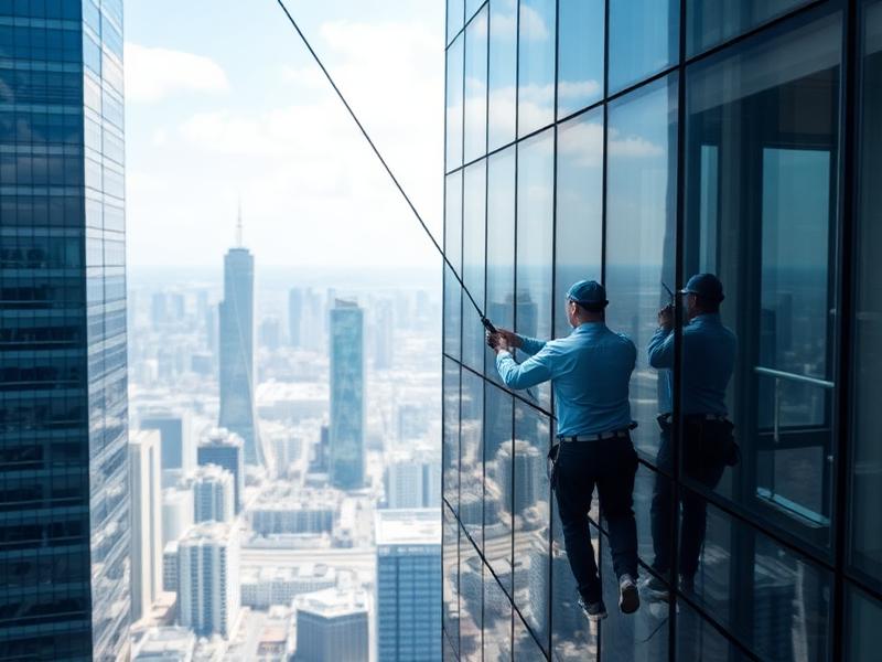 Window cleaner suspended outside a tall glass skyscraper with a cityscape in the background.