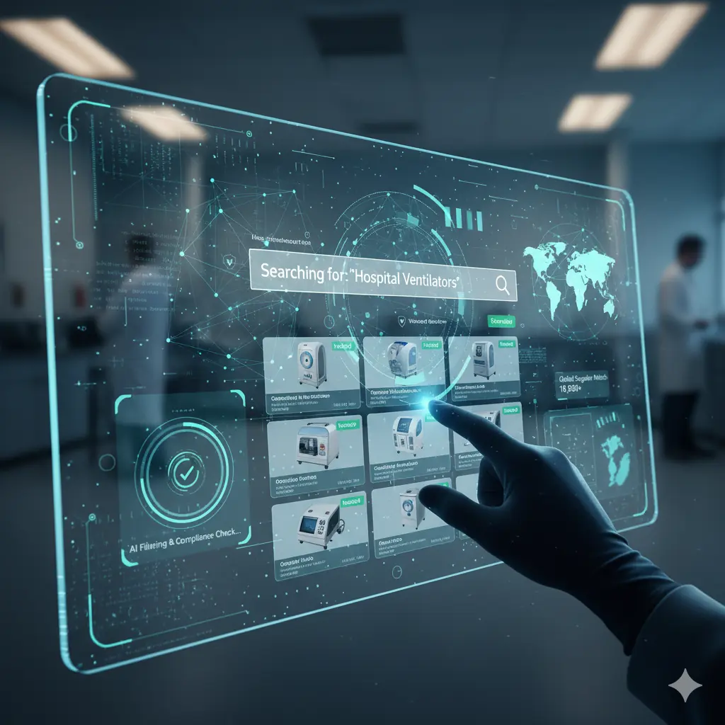 Gloved hand interacting with a futuristic transparent touchscreen showing a search for hospital ventilators and displaying product options.