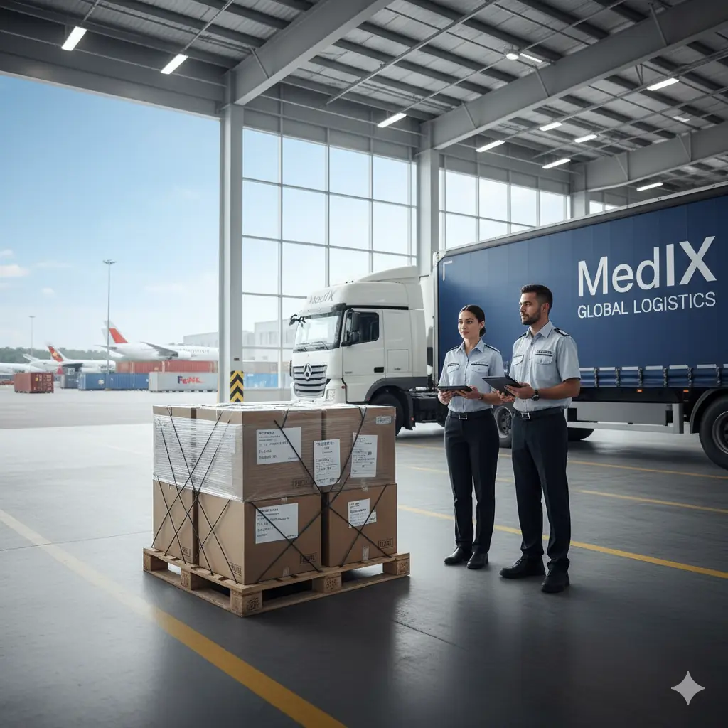 Two uniformed logistics workers standing with tablets next to palletized boxes inside a warehouse near a MedIX Global Logistics truck.