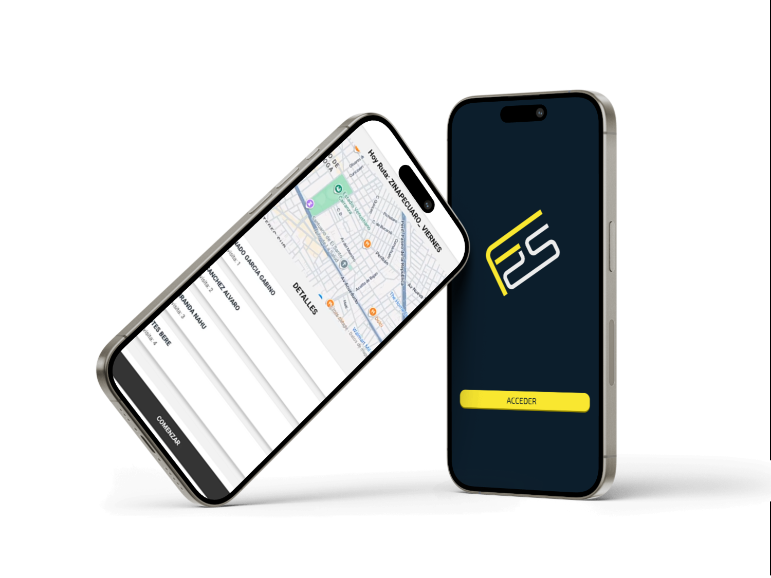 Interfaz básica de la aplicacion field2Sales donde se puede ver un poco de la interfaz de funcionamiento de la app. y la pantalla de inicio