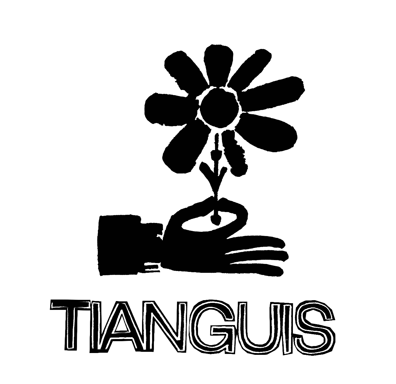 Wood block print illustration of a hand holding a daisy over the word "Tianguis"