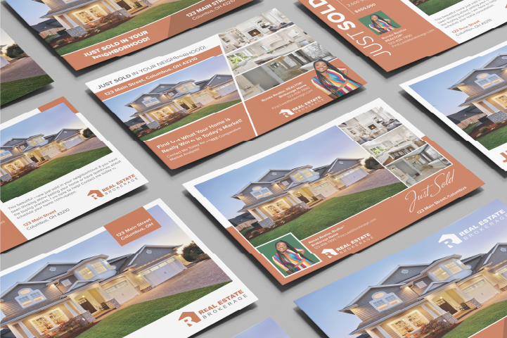 A collage of various postcards for real estate marketing. 