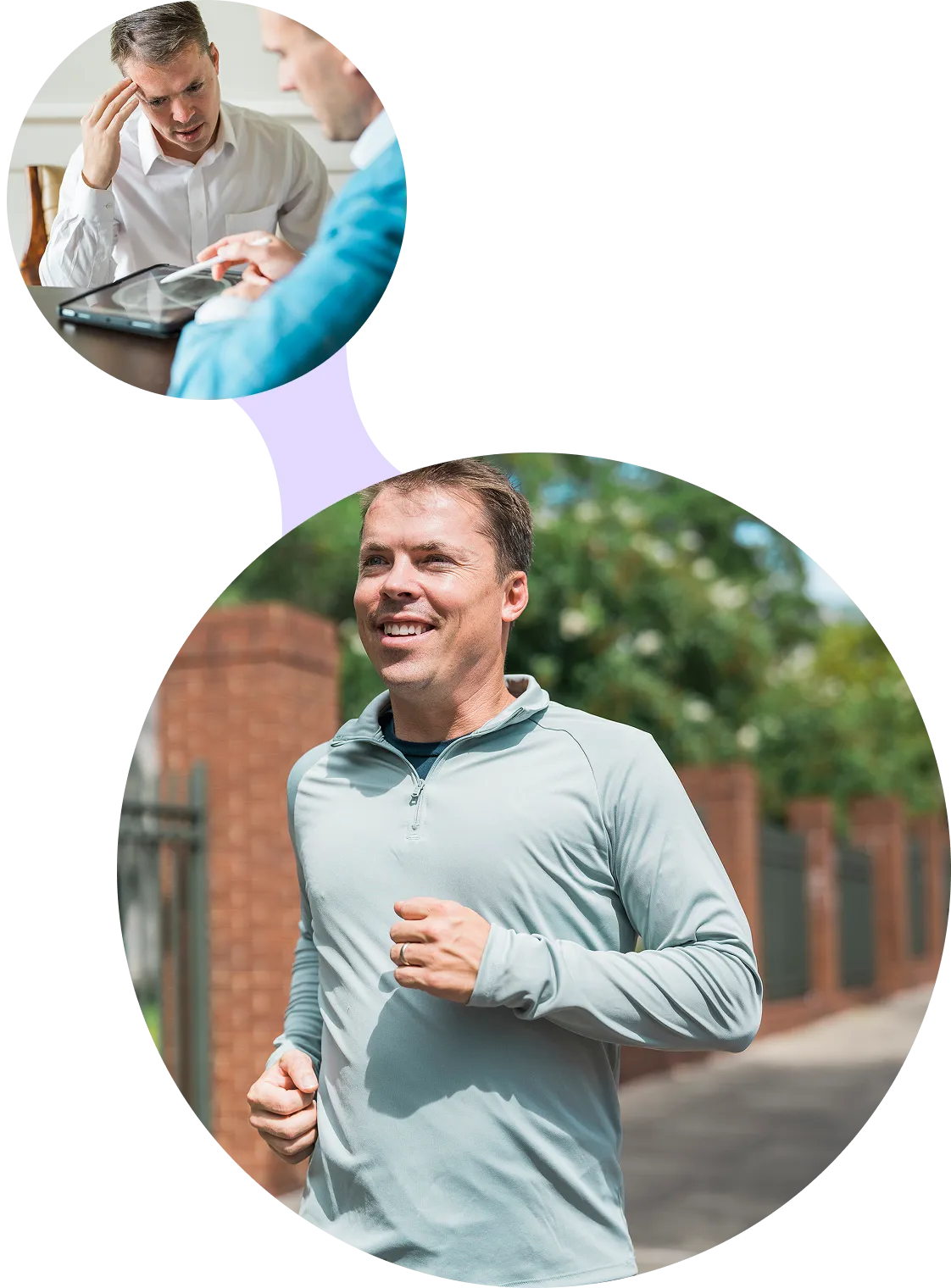 Two pictures, the upper on is the man looking at the tablet while touching his forehead and the other is a man smiling while jogging