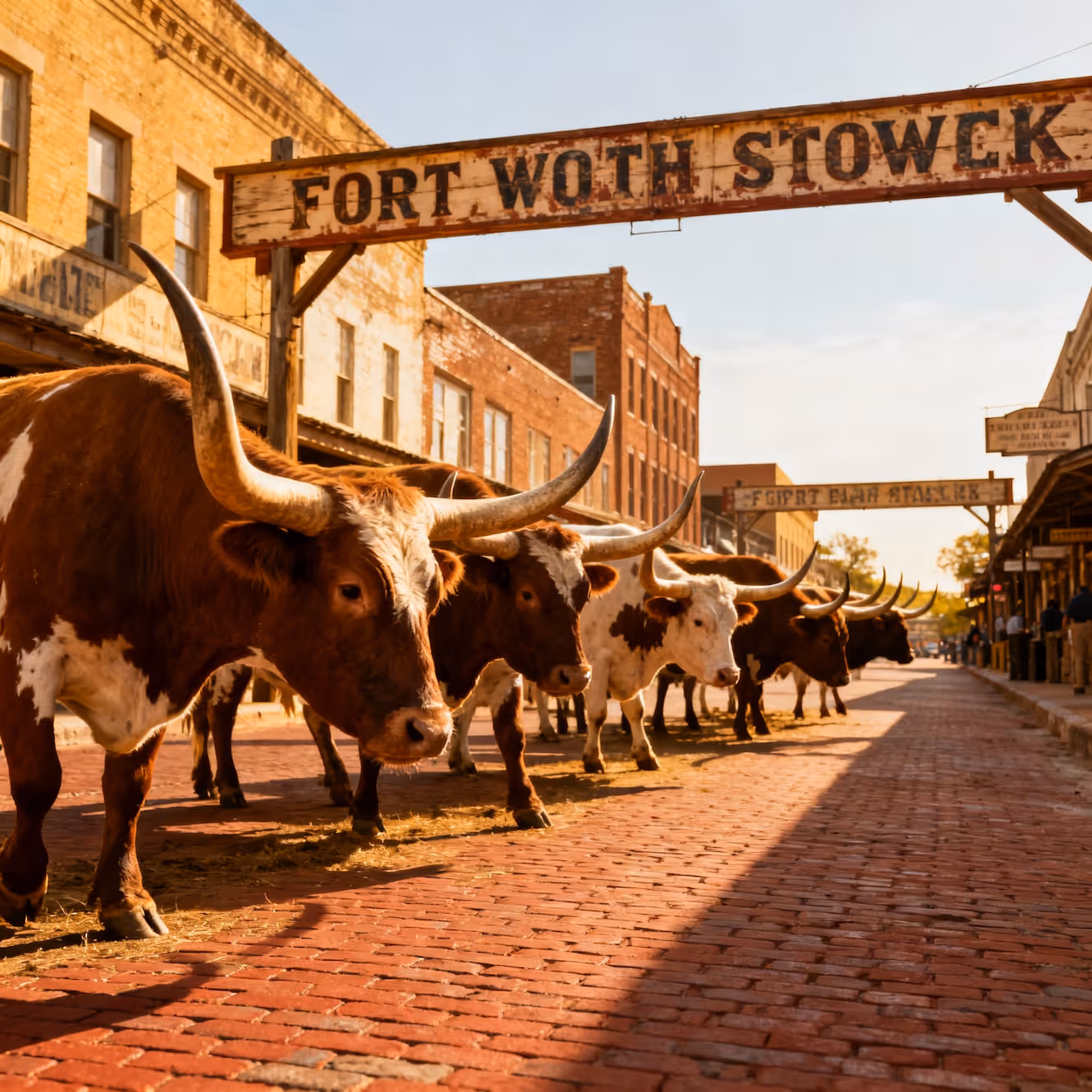 Texas longhorn cattle parade at historic Fort Worth Stockyards, highlighting energy services for local businesses in Fort Worth.
