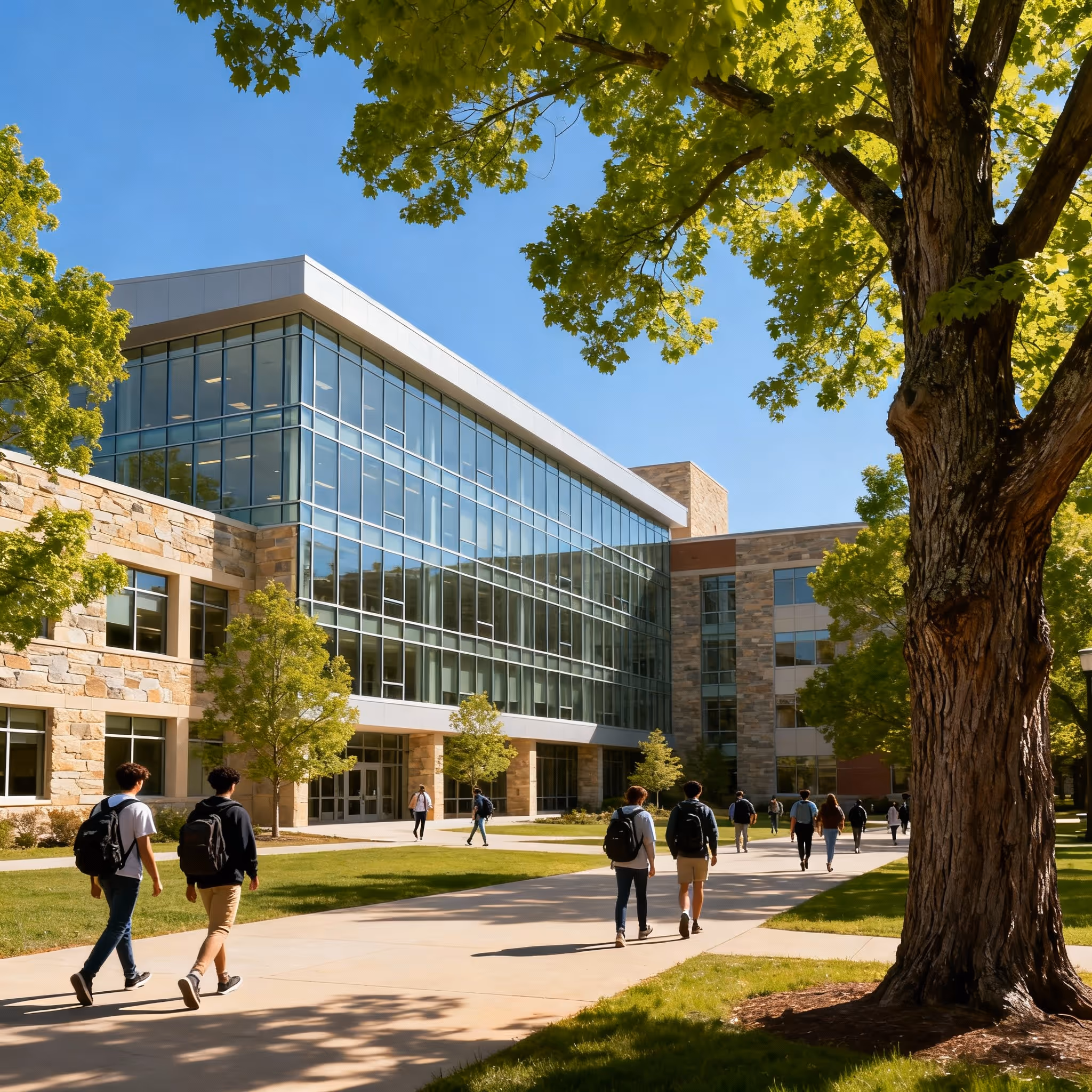 Students walking on campus between modern educational buildings, highlighting energy savings opportunities for schools and universities.