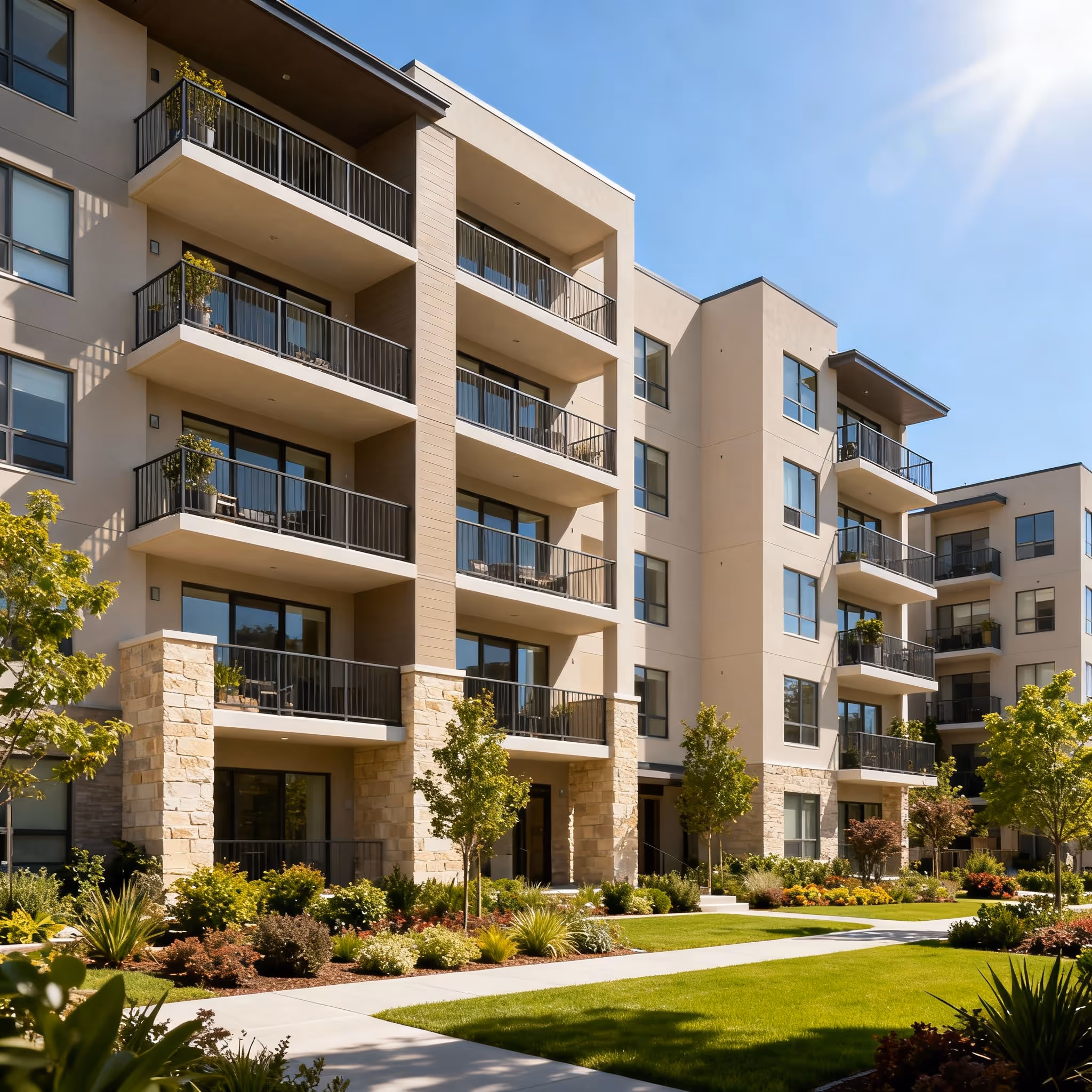 Modern apartment building exterior at sunrise, highlighting lower electricity rates and energy savings for multifamily residential properties.