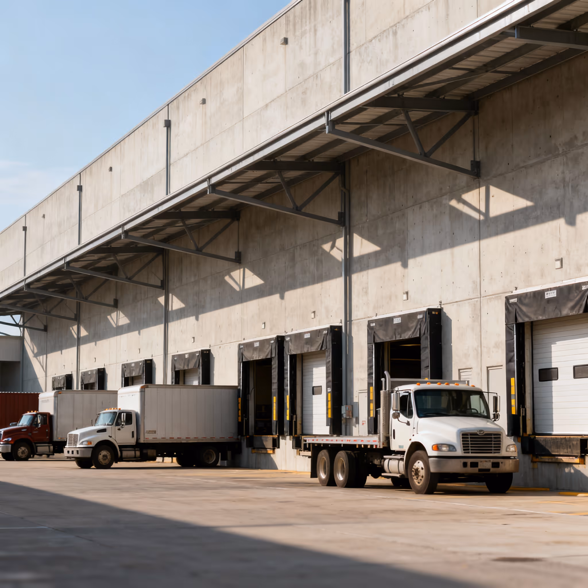 Trucks parked at modern distribution warehouse loading docks, emphasizing energy solutions for industrial and logistics facilities.
