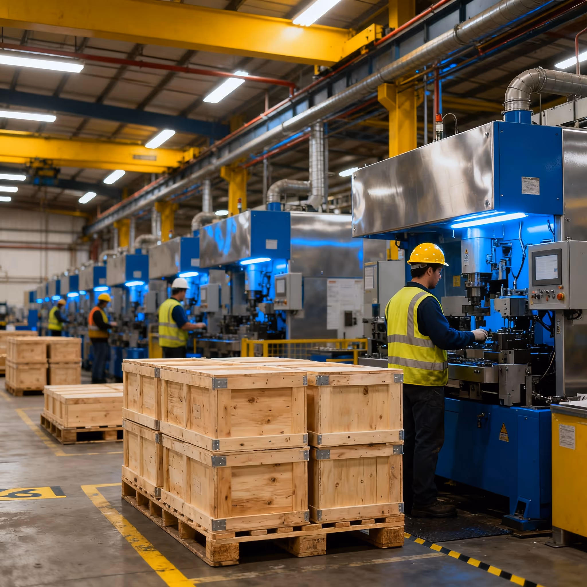 Industrial workers operating machinery on factory floor, highlighting energy efficiency solutions for manufacturing businesses.
