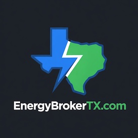 Logo showing blue and green split Texas state with a white lightning bolt in the center, and the text EnergyBrokerTX.com below it.