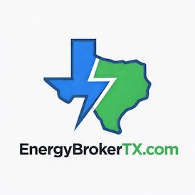 Logo combining blue and green Texas state outlines separated by a white lightning bolt with the text EnergyBrokerTX.com below.