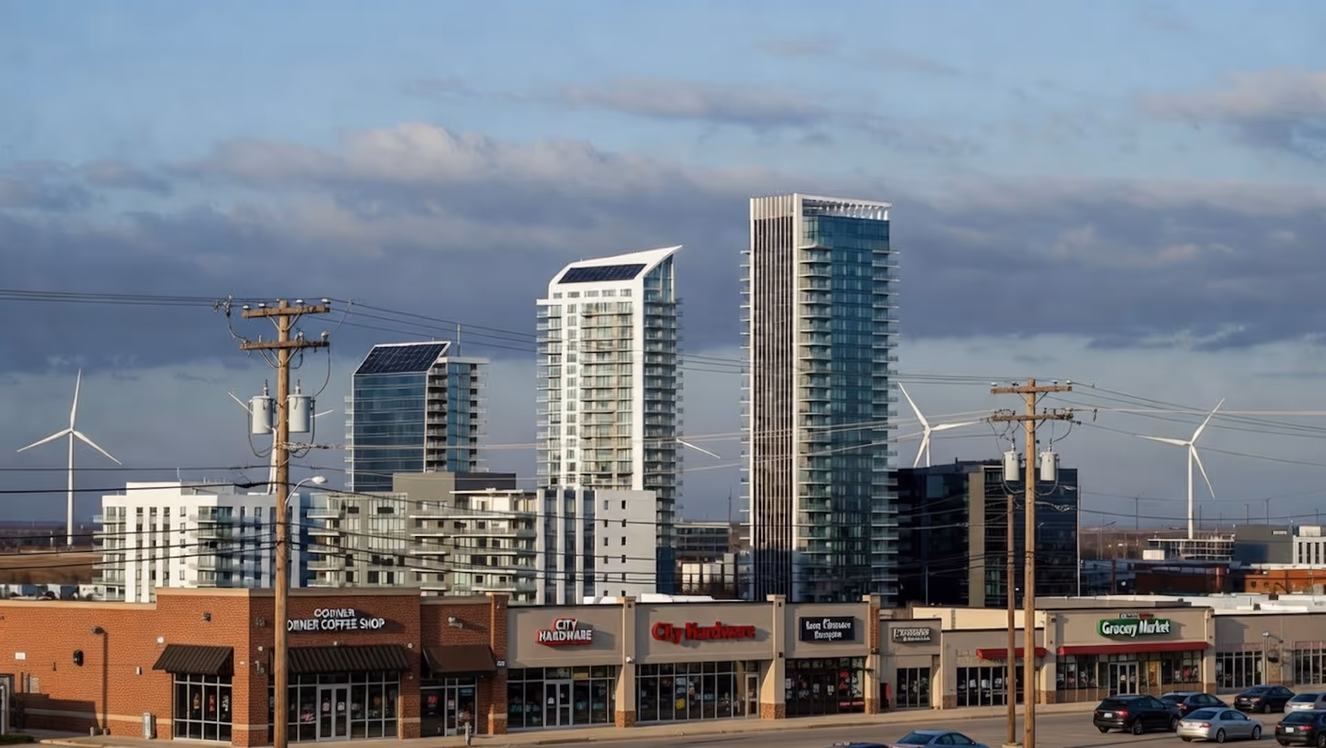 City street view with storefronts, modern high-rise buildings with solar panels, wind turbines in the background, and power lines in the foreground.