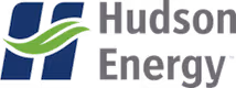 Hudson Energy logo with stylized blue H and green leaf-like swoosh.