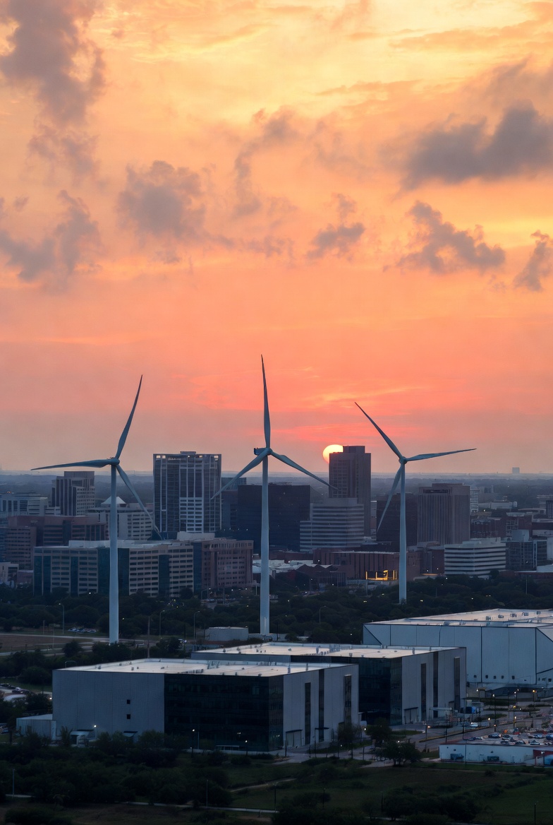 City at dusk in Texas with wind turbines