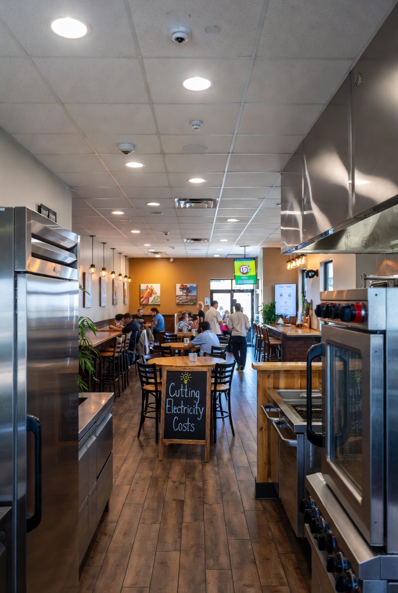 Inside of cafe with sign that says electricity savings