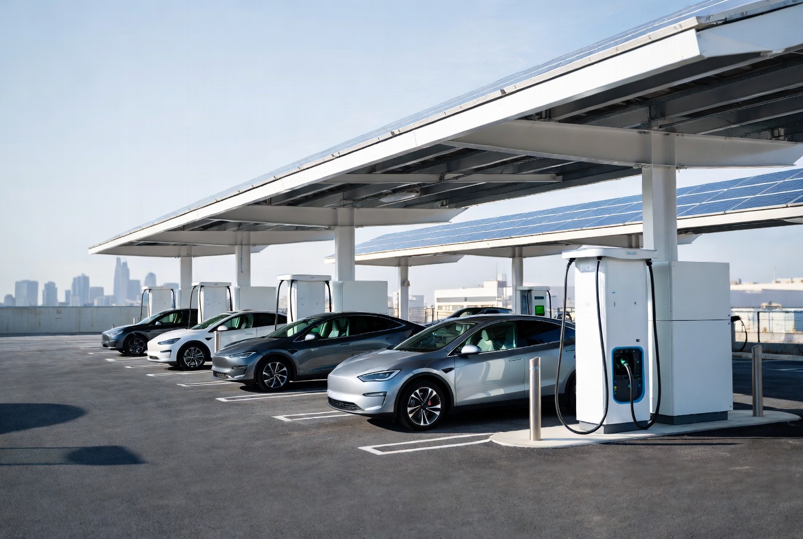 Electrical vehicle charging station with Dallas skyline in background