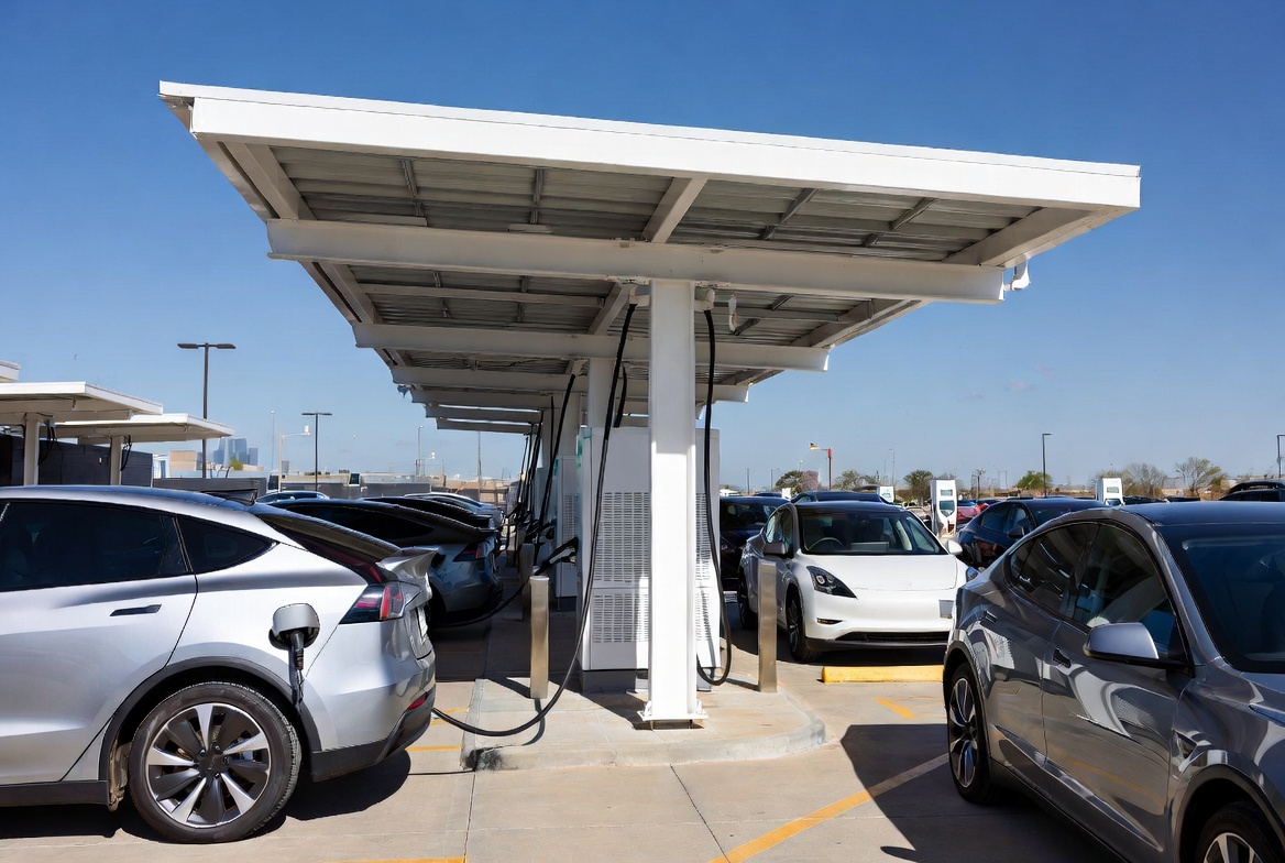 Vehicles under a solar roof being charged by electricity