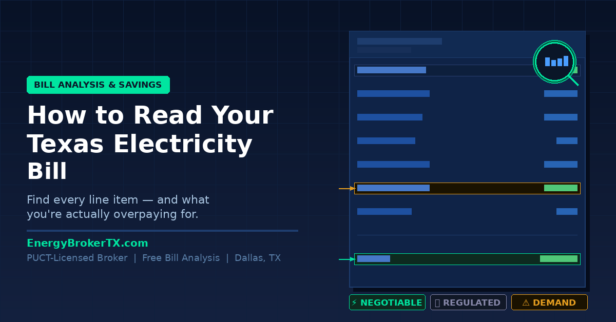 Texas commercial electricity bill breakdown showing energy charge, TDSP delivery fee, and demand charge line items — EnergyBrokerTX