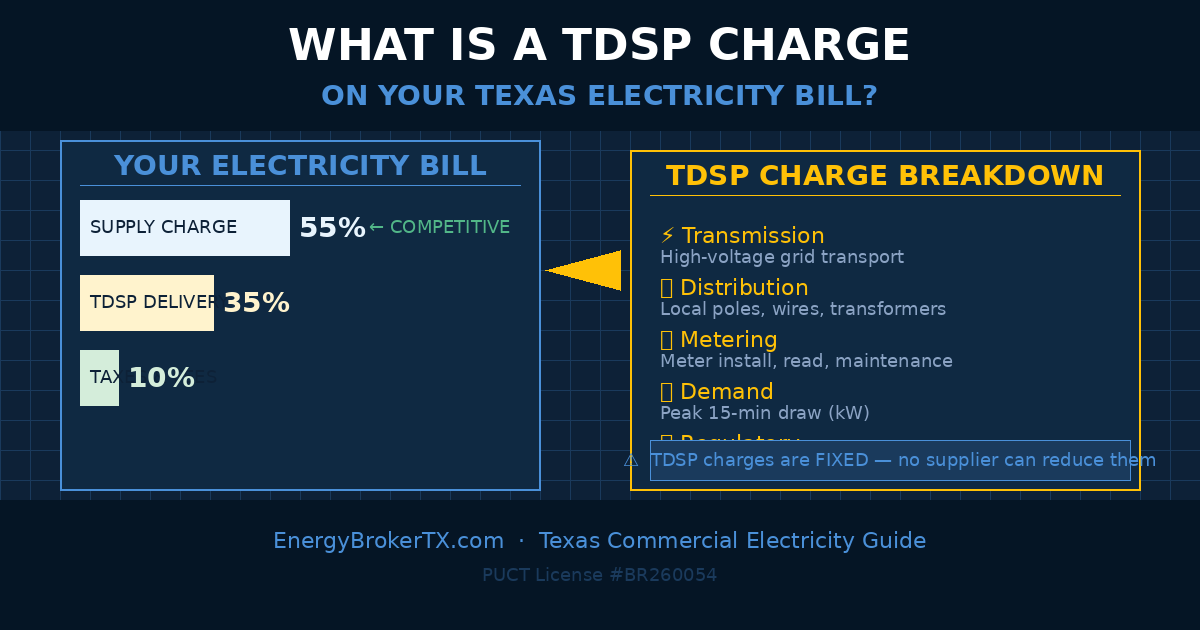 Blueprint diagram explaining TDSP charges on a Texas electricity bill — showing supply charge (competitive), TDSP delivery (fixed), and breakdown of transmission, distribution, metering, and demand components