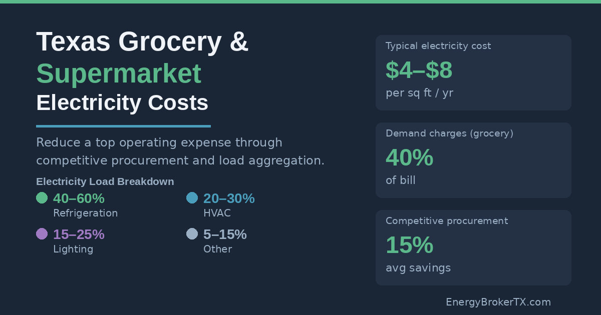 Texas grocery store electricity load breakdown: refrigeration 40–60%, HVAC 20–30%, lighting 15–25%, with 15% avg procurement savings