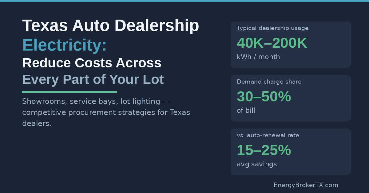 Texas auto dealership electricity stats: 40K–200K kWh per month usage, demand charges up to 50% of bill, 15–25% savings potential