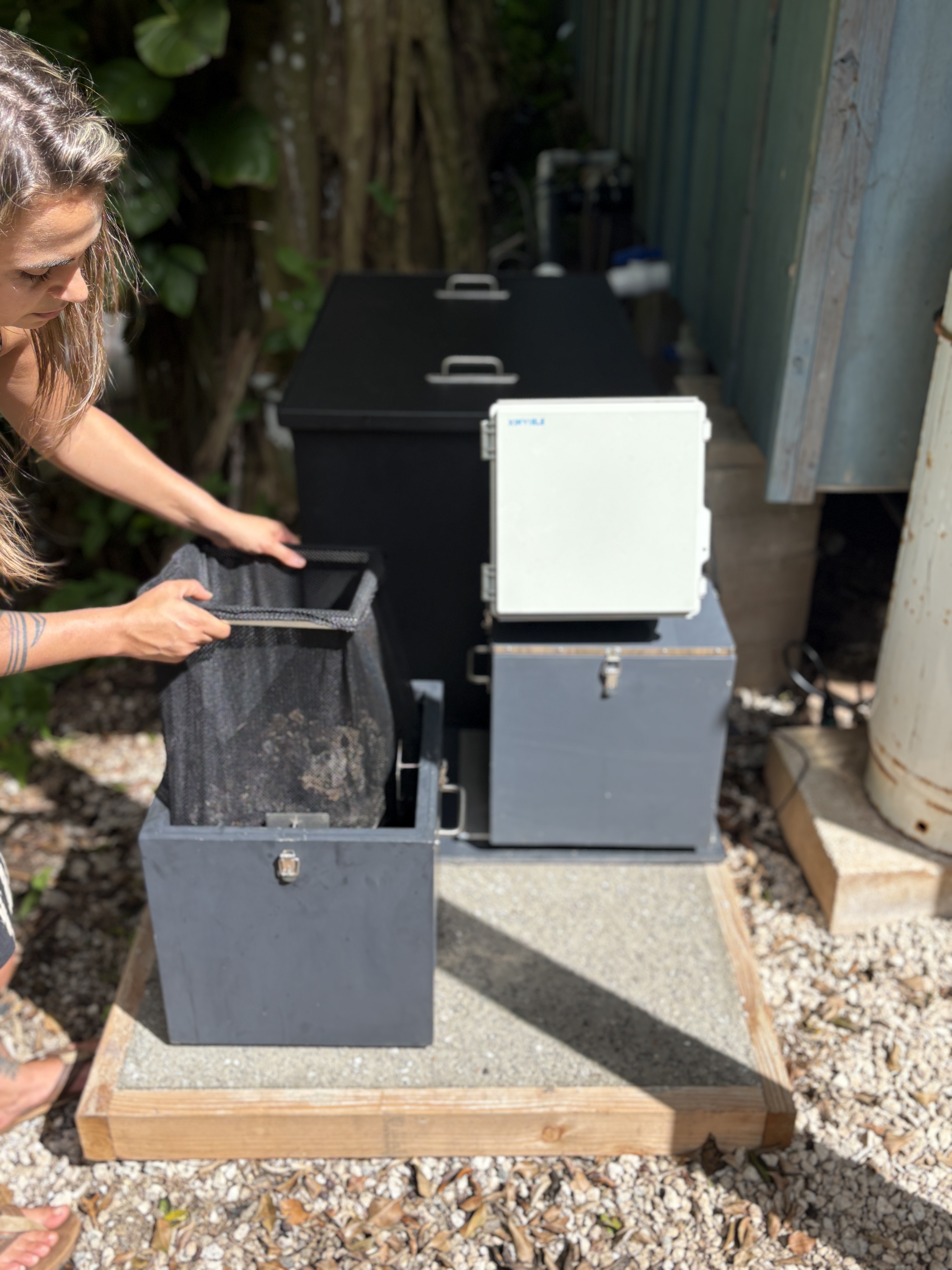Homeowner is removing the dehydrated solids bag from the initial solids bin - solids look lite. Soldis bag is a black mesh bag.