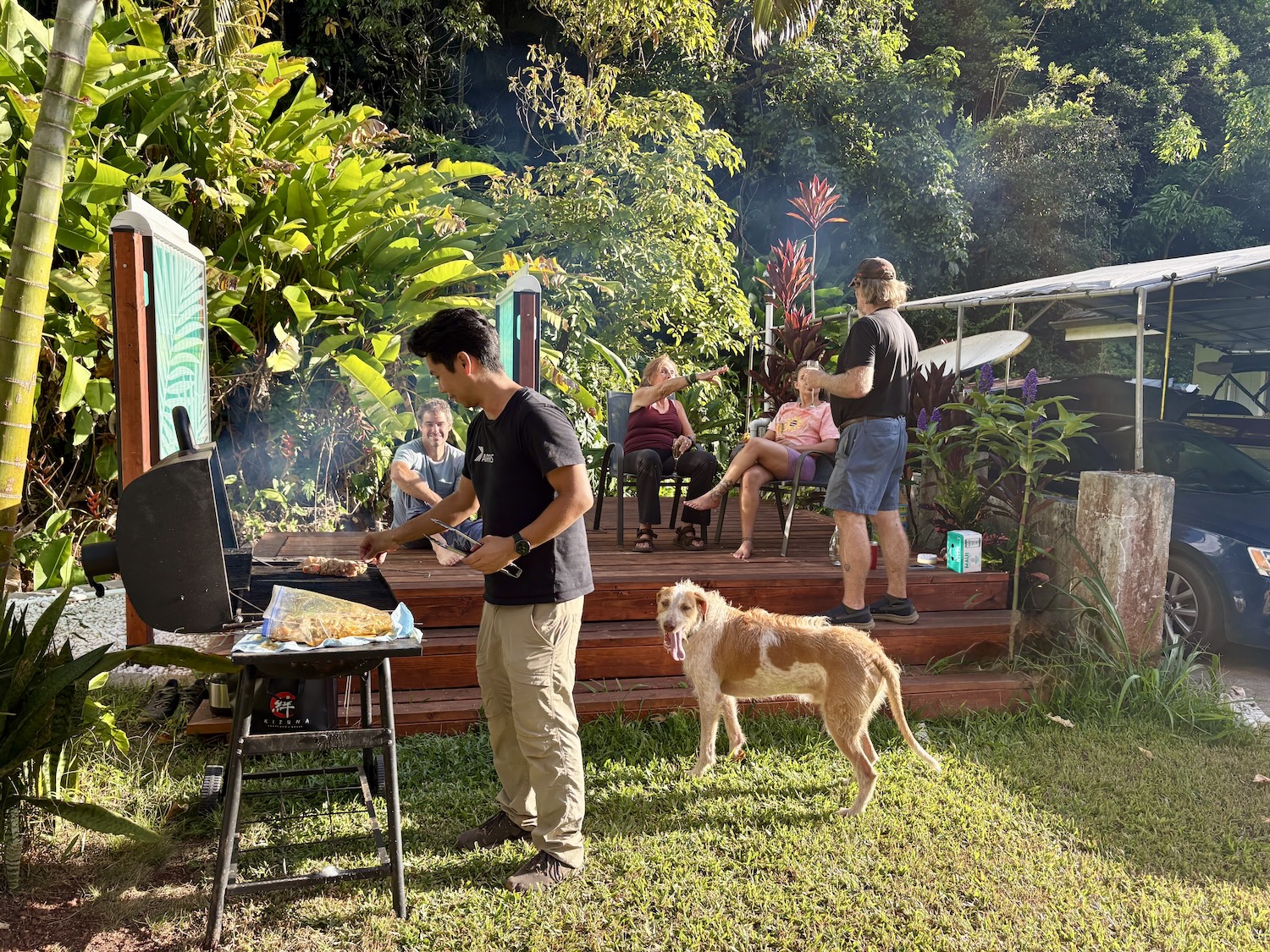 Friends grilling in the yard and enjoying a deck - showing the livability of sawa and patu in a backyard setting. 