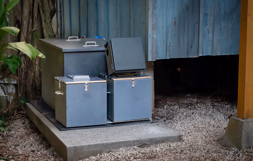 Mata Solid Waste Interceptor, Installed next to a home on a small concrete pad. Mata is a steel blue/grey color. 