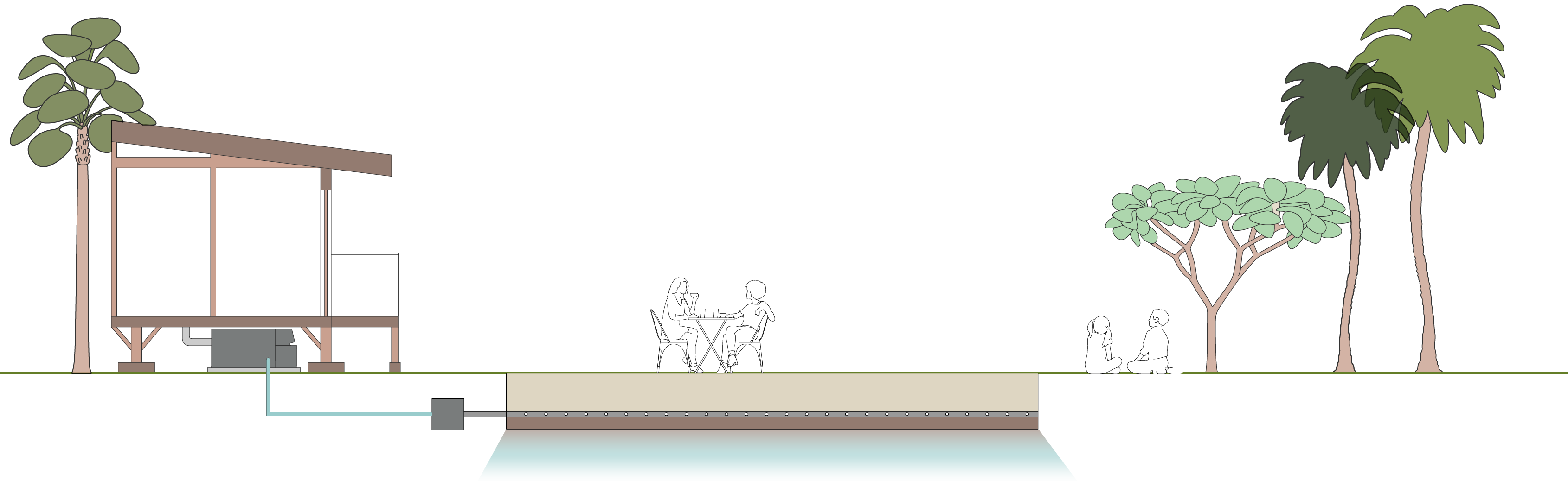 Drawing of Mata connected to a home, running liquid effluent into a leach chamber in the yard.