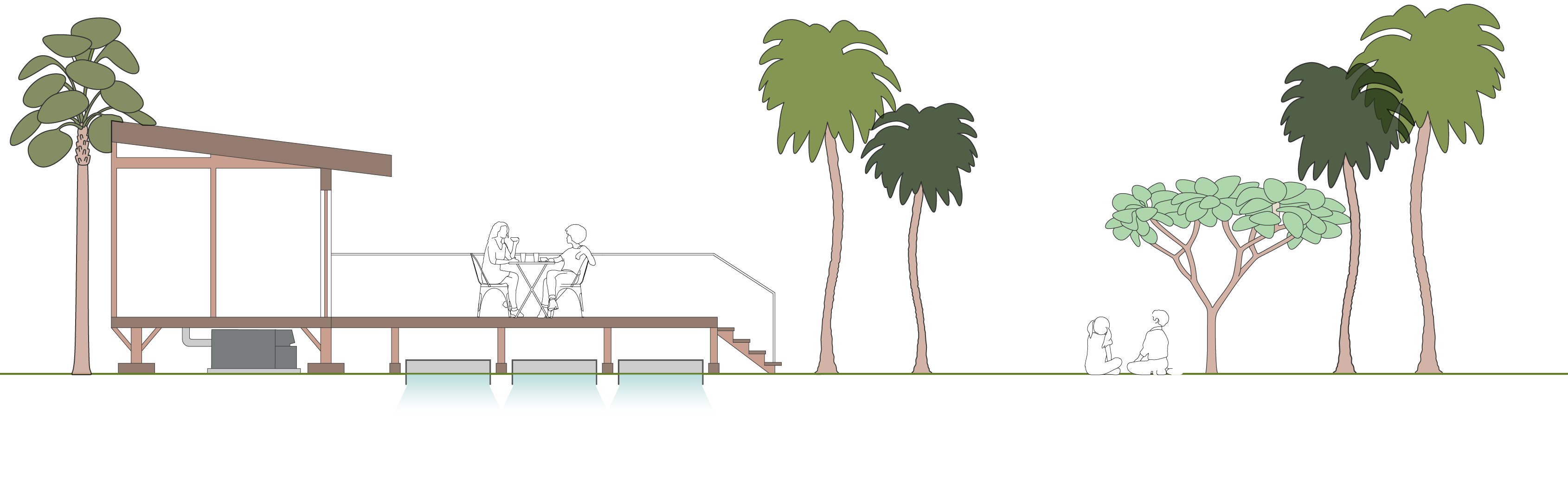 Drawing of Mata connected to a home with Sawa providing liquid disposal under an extended deck.