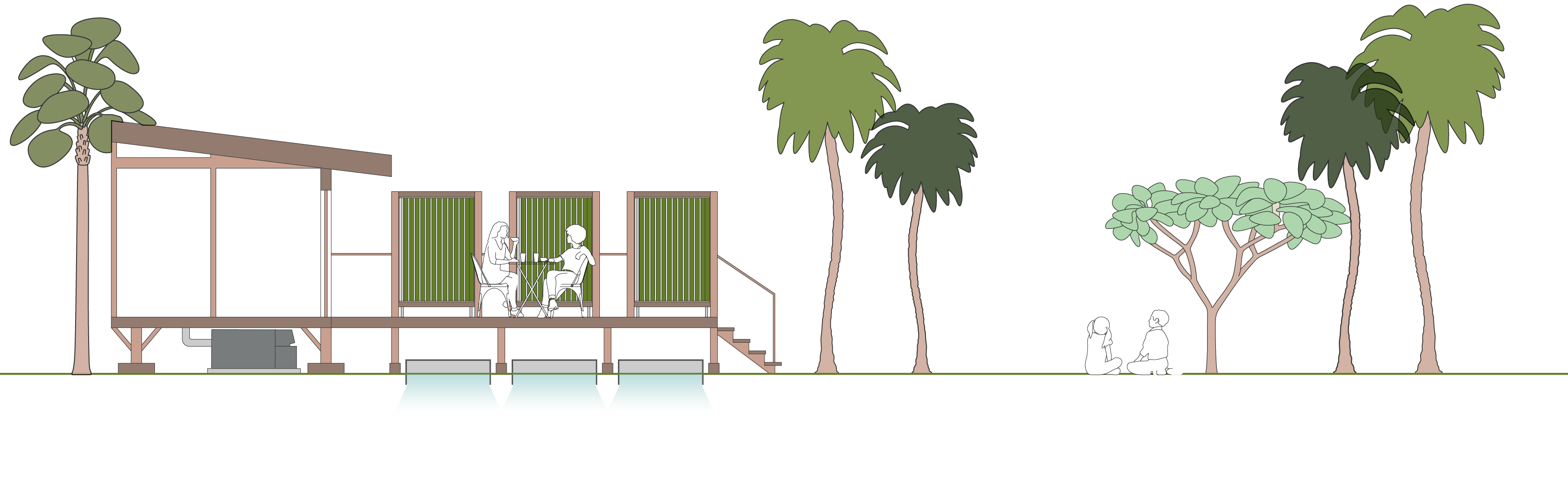 Drawing of Mata, Patu, and Sawa functioning as a homes wastewater treatment system.