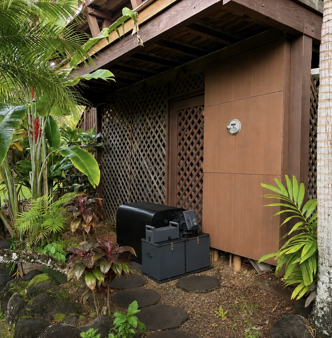 Mata on the side of a home with tropical landscaping around the unit. 