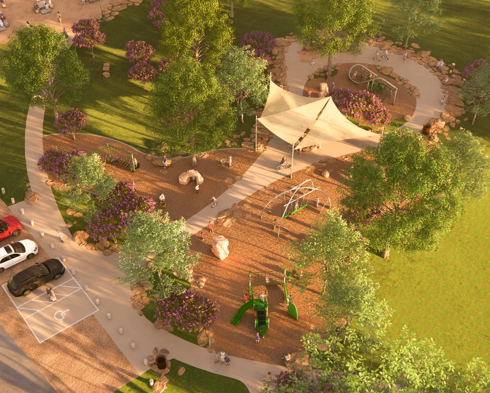 Rendering of the aerial view of the white rock lake playground with slides, swings, climbing structures, walking paths, and green trees surrounded by purple flowering shrubs.