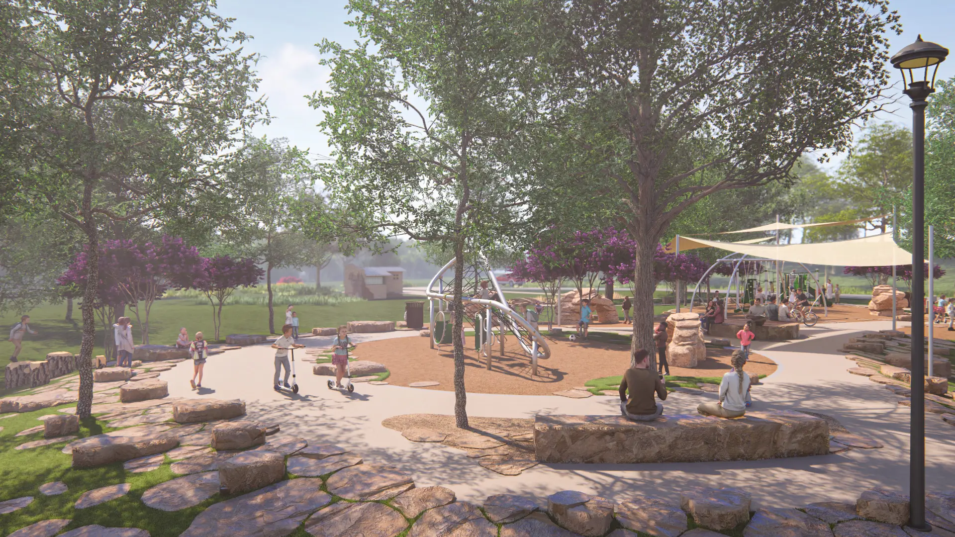 White Rock Lake Park rendering featuring children and adults enjoying a sunny park with playground equipment, scooters, trees, and stone benches.