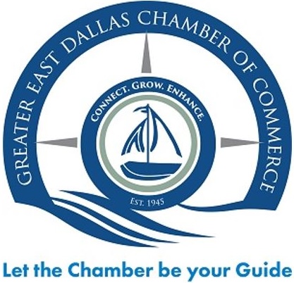 Logo of Greater East Dallas Chamber of Commerce featuring a sailboat inside a circular compass design with the motto 'Connect. Grow. Enhance.' and the tagline 'Let the Chamber be your Guide.'