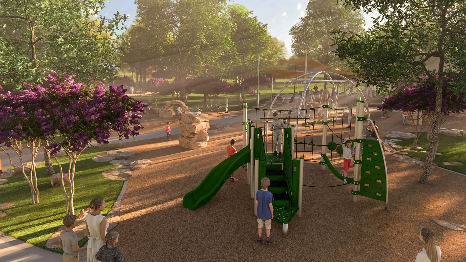 Rendering of children playing on a green playground structure with a slide and climbing features in White Rock Lake Park in Dallas surrounded by trees and purple flowering bushes.