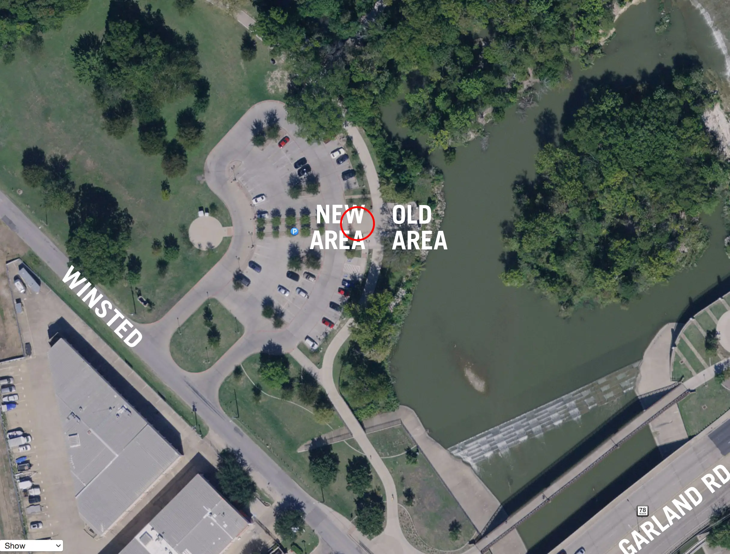 Aerial view of a stone area at White Rock Lake Park in Dallas.