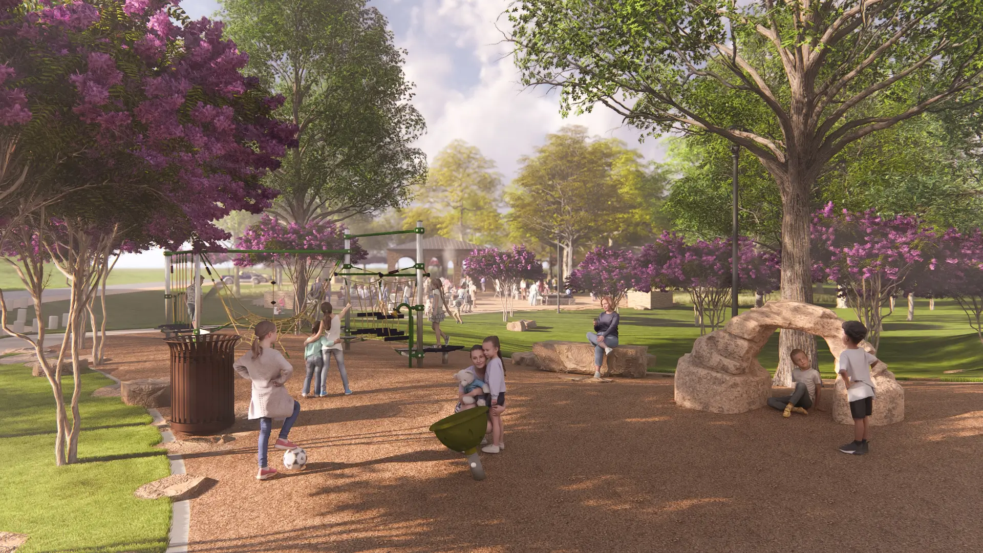 Rendering of children playing and adults walking in a sunny park with green trees and blooming purple flowers at White Rock Lake Park in Dallas.