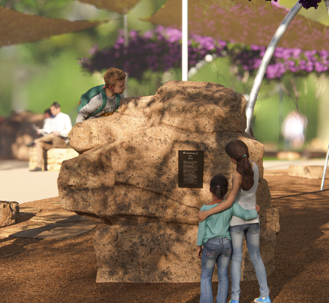 Rendering of two girls standing and hugging while reading a memorial plaque on a large rock, with a boy peeking over the rock at White Rock Lake Park in Dallas.
